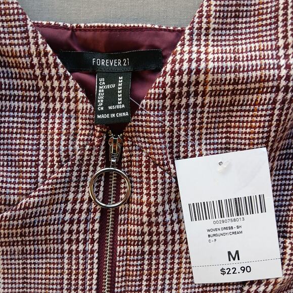 Forever 21 zip-up jumper bodycon dress M woven burgundy cream houndstooth tweed - Picture 4 of 10